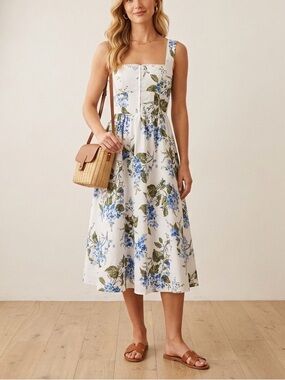 Reformation Tagliatelle Linen Midi Dress In Riviera Hydrangea Floral Print